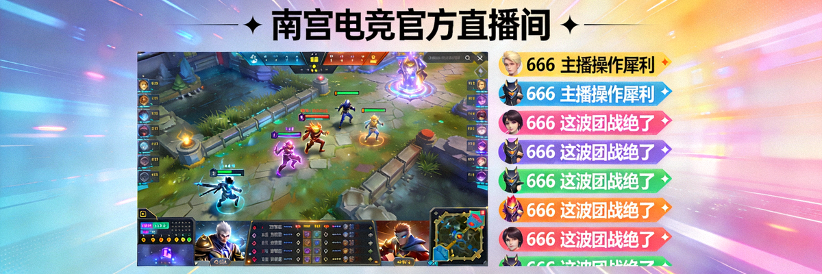 南宫电竞官方直播间主画面，正在直播热门赛事，右侧有活跃的弹幕互动区