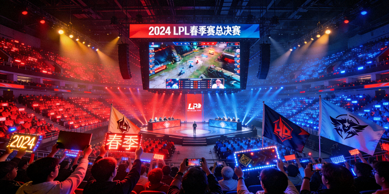 英雄联盟LPL春季赛总决赛直播画面，现场观众座无虚席